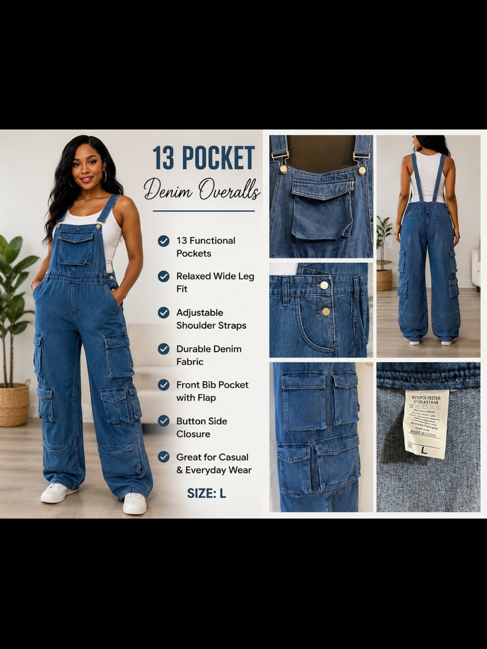 13-Pocket Blue Denim Women’s Overalls with Relaxed Wide Leg